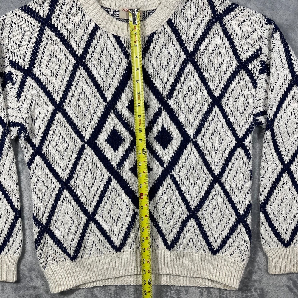 The Fox Collection Vintage Mens Large Diamond Knit Cotton Sweater Navy Cream USA - Picture 5 of 9